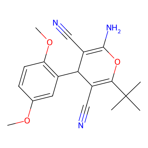 2-amino-6-tert-butyl-4-(2,5-dimethoxyphenyl)-4H-pyran-3,5-dicarbonitrile structure