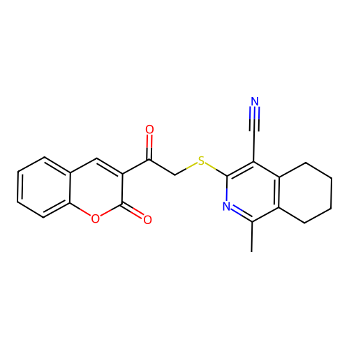 1-methyl-3-((2-oxo-2-(2-oxo-2H-chromen-3-yl)ethyl)thio)-5,6,7,8-tetrahydroisoquinoline-4-carbonitrile structure