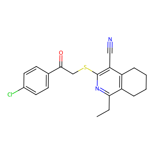 3-{[2-(4-chlorophenyl)-2-oxoethyl]sulfanyl}-1-ethyl-5,6,7,8-tetrahydroisoquinoline-4-carbonitrile structure