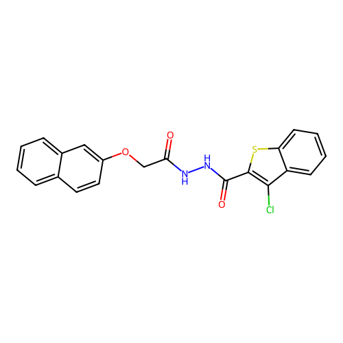 3-chloro-N'-[(2-naphthyloxy)acetyl]-1-benzothiophene-2-carbohydrazide structure