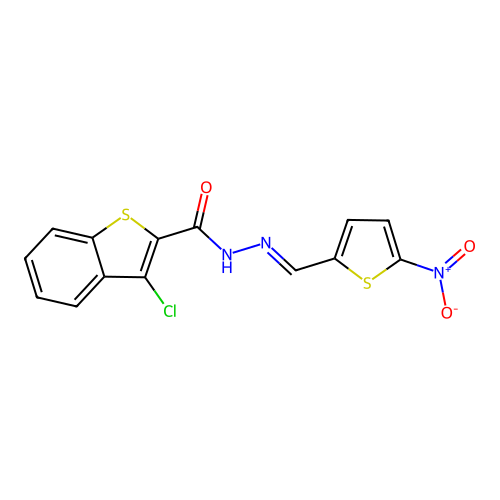 3-chloro-N'-({5-nitrothien-2-yl}methylene)-1-benzothiophene-2-carbohydrazide structure