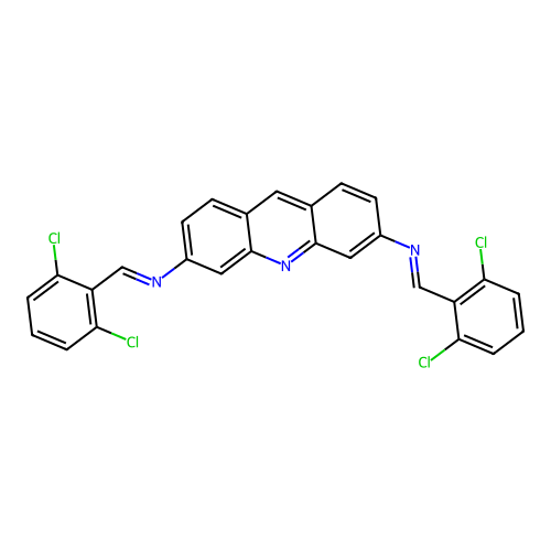 N,N'-bis[(E)-(2,6-dichlorophenyl)methylidene]acridine-3,6-diamine structure
