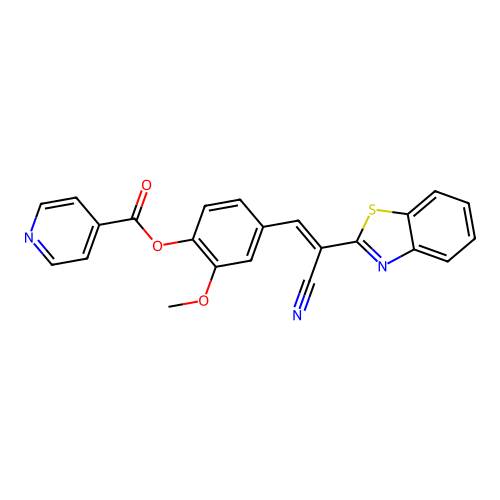 (E)-4-(2-(benzo[d]thiazol-2-yl)-2-cyanovinyl)-2-methoxyphenyl isonicotinate structure