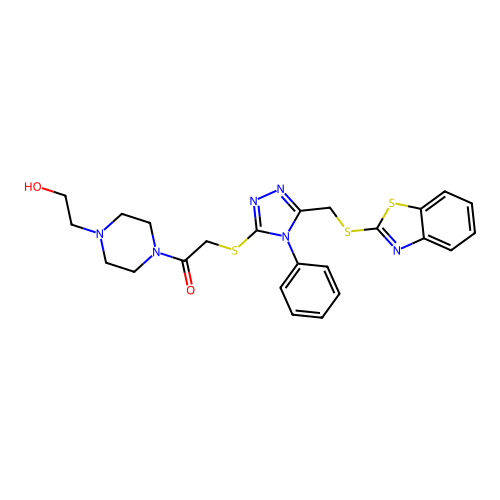 2-({5-[(1,3-benzothiazol-2-ylsulfanyl)methyl]-4-phenyl-4H-1,2,4-triazol-3-yl}sulfanyl)-1-[4-(2-hydroxyethyl)piperazin-1-yl]ethanone structure