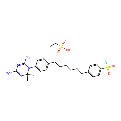 ethanesulfonic acid- 4-{6-[4-(4,6-diamino-2,2-dimethyl-1,3,5-triazin-1(2h)-yl)phenyl]hexyl}benzenesulfonyl fluoride(1:1) structure
