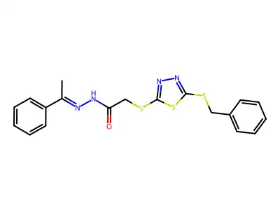 2-((5-(Benzylthio)-1,3,4-thiadiazol-2-YL)thio)N'-(1-PH-ethylidene)acetohydrazide structure