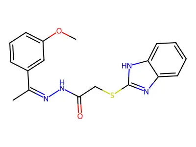 (E)-2-((1H-benzo[d]imidazol-2-yl)thio)-N'-(1-(3-methoxyphenyl)ethylidene)acetohydrazide structure