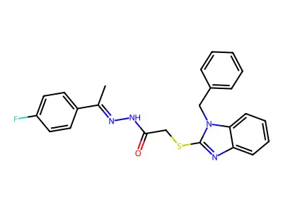 2-(1-benzylbenzimidazol-2-yl)sulfanyl-N-[(Z)-1-(4-fluorophenyl)ethylideneamino]acetamide structure