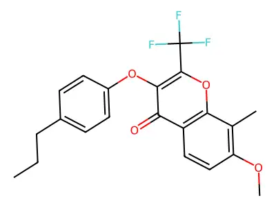 7-methoxy-8-methyl-3-(4-propylphenoxy)-2-(trifluoromethyl)-4H-chromen-4-one structure