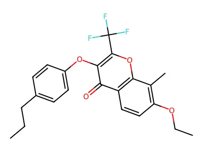7-ethoxy-8-methyl-3-(4-propylphenoxy)-2-(trifluoromethyl)-4H-chromen-4-one structure