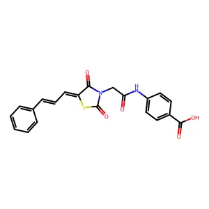 4-[({(5Z)-2,4-dioxo-5-[(2E)-3-phenylprop-2-enylidene]-1,3-thiazolidin-3-yl}acetyl)amino]benzoic acid structure