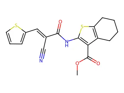 (E)-methyl 2-(2-cyano-3-(thiophen-2-yl)acrylamido)-4,5,6,7-tetrahydrobenzo[b]thiophene-3-carboxylate structure