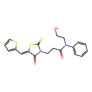 N-(2-hydroxyethyl)-3-[(5E)-4-oxo-2-sulfanylidene-5-(thiophen-2-ylmethylidene)-1,3-thiazolidin-3-yl]-N-phenylpropanamide structure