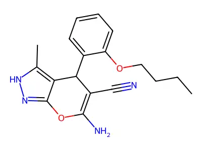 6-amino-4-(2-butoxyphenyl)-3-methyl-1,4-dihydropyrano[2,3-c]pyrazole-5-carbonitrile structure