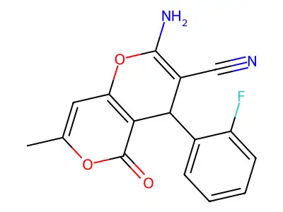 2-amino-4-(2-fluorophenyl)-7-methyl-5-oxo-4H-pyrano[3,2-c]pyran-3-carbonitrile structure