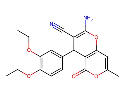 2-amino-4-(3,4-diethoxyphenyl)-7-methyl-5-oxo-4H,5H-pyrano[4,3-b]pyran-3-carbonitrile structure