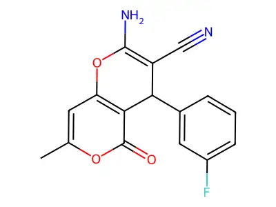 2-amino-4-(3-fluorophenyl)-7-methyl-5-oxo-4H,5H-pyrano[4,3-b]pyran-3-carbonitrile structure