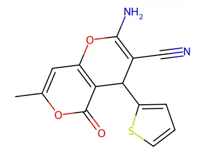 2-Amino-7-methyl-5-oxo-4-thiophen-2-yl-4H,5H-pyrano[4,3-b]pyran-3-carbonitrile structure