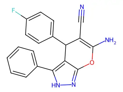 6-amino-4-(4-fluorophenyl)-3-phenyl-1,4-dihydropyrano[2,3-c]pyrazole-5-carbonitrile structure