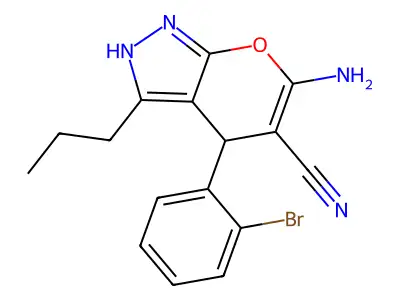 6-amino-4-(2-bromophenyl)-3-propyl-1,4-dihydropyrano[2,3-c]pyrazole-5-carbonitrile structure