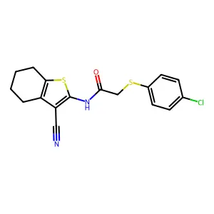 2-((4-chlorophenyl)thio)-N-(3-cyano-4,5,6,7-tetrahydrobenzo[b]thiophen-2-yl)acetamide structure