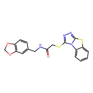 N-(1,3-benzodioxol-5-ylmethyl)-2-([1,2,4]triazolo[3,4-b][1,3]benzothiazol-3-ylsulfanyl)acetamide structure