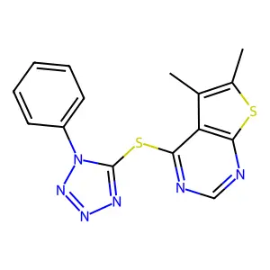 5,6-Dimethyl-4-(1-phenyltetrazol-5-yl)sulfanylthieno[2,3-d]pyrimidine structure