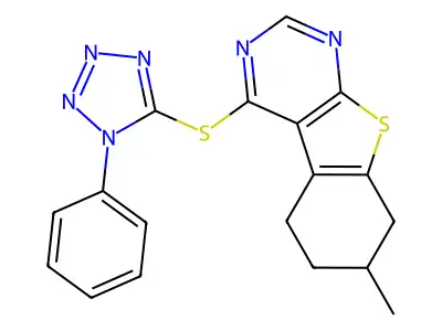 7-methyl-4-[(1-phenyl-1H-tetraazol-5-yl)sulfanyl]-5,6,7,8-tetrahydro[1]benzothieno[2,3-d]pyrimidine structure