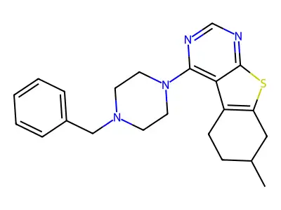4-(4-benzyl-1-piperazinyl)-7-methyl-5,6,7,8-tetrahydro[1]benzothieno[2,3-d]pyrimidine structure