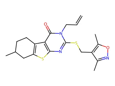 5-{[(3,5-dimethyl-1,2-oxazol-4-yl)methyl]sulfanyl}-11-methyl-4-(prop-2-en-1-yl)-8-thia-4,6-diazatricyclo[7.4.0.0^{2,7}]trideca-1(9),2(7),5-trien-3-one structure