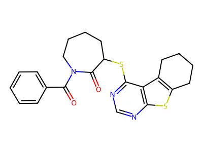 1-benzoyl-3-((5,6,7,8-tetrahydrobenzo[4,5]thieno[2,3-d]pyrimidin-4-yl)thio)azepan-2-one structure