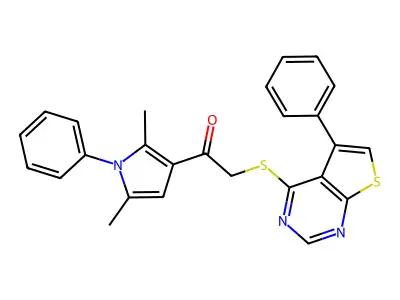 1-(2,5-dimethyl-1-phenyl-1H-pyrrol-3-yl)-2-((5-phenylthieno[2,3-d]pyrimidin-4-yl)thio)ethanone structure