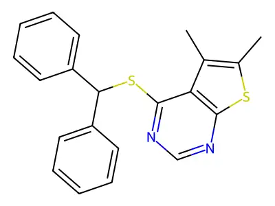 4-(Benzhydrylsulfanyl)-5,6-dimethylthieno[2,3-d]pyrimidine structure