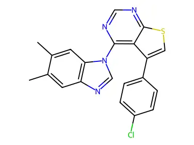 5-(4-chlorophenyl)-4-(5,6-dimethyl-1H-benzimidazol-1-yl)thieno[2,3-d]pyrimidine structure