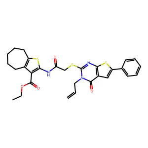 ethyl 2-(2-{[4-oxo-6-phenyl-3-(prop-2-en-1-yl)-3H,4H-thieno[2,3-d]pyrimidin-2-yl]sulfanyl}acetamido)-4H,5H,6H,7H,8H-cyclohepta[b]thiophene-3-carboxylate structure