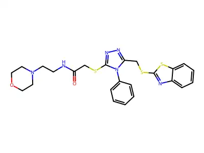 2-((5-((benzo[d]thiazol-2-ylthio)methyl)-4-phenyl-4H-1,2,4-triazol-3-yl)thio)-N-(2-morpholinoethyl)acetamide structure