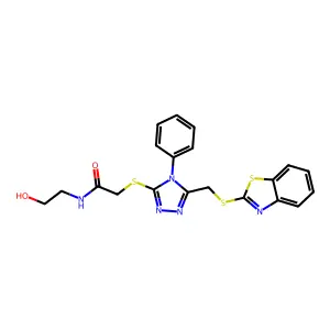 2-[[5-(1,3-benzothiazol-2-ylsulfanylmethyl)-4-phenyl-1,2,4-triazol-3-yl]sulfanyl]-N-(2-hydroxyethyl)acetamide structure