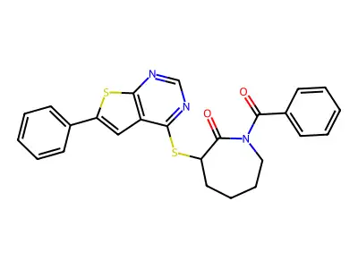 1-Benzoyl-3-[(6-phenylthieno[2,3-d]pyrimidin-4-yl)sulfanyl]-2-azepanone structure