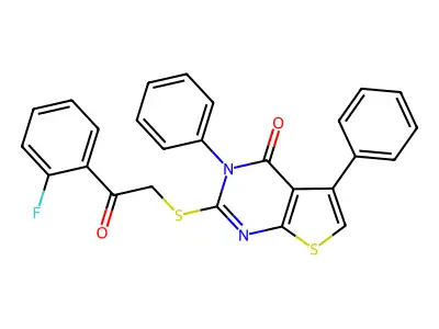 2-[2-(2-fluorophenyl)-2-oxoethyl]sulfanyl-3,5-diphenylthieno[2,3-d]pyrimidin-4-one structure
