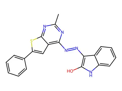 (3Z)-3-[2-(2-methyl-6-phenylthieno[2,3-d]pyrimidin-4-yl)hydrazinylidene]-1,3-dihydro-2H-indol-2-one structure