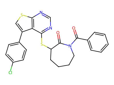 1-Benzoyl-3-[5-(4-chlorophenyl)thieno[2,3-d]pyrimidin-4-yl]sulfanylazepan-2-one structure
