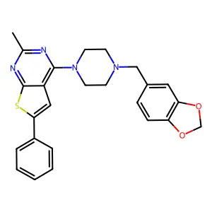 4-[4-(1,3-benzodioxol-5-ylmethyl)piperazin-1-yl]-2-methyl-6-phenylthieno[2,3-d]pyrimidine structure