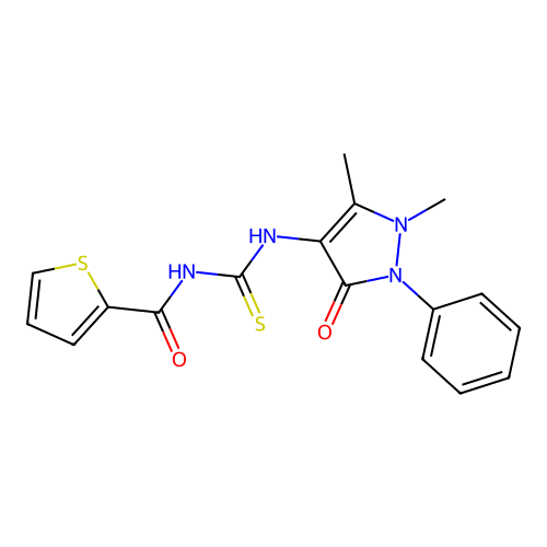 N-[(1,5-dimethyl-3-oxo-2-phenylpyrazol-4-yl)carbamothioyl]thiophene-2-carboxamide structure