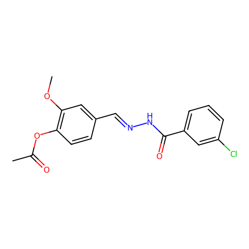 (E)-4-((2-(3-chlorobenzoyl)hydrazono)methyl)-2-methoxyphenyl acetate structure