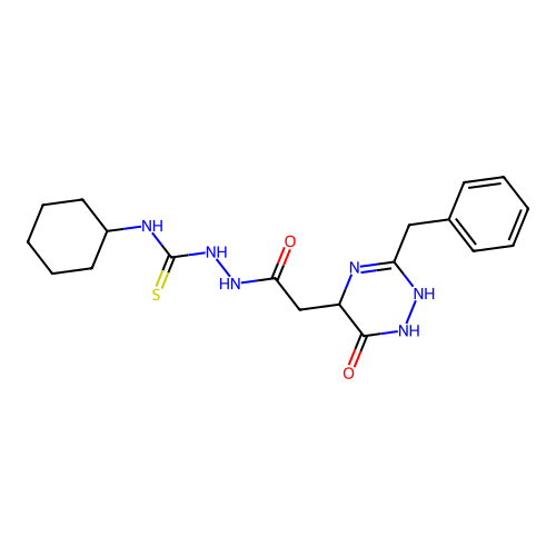 1-[[2-(3-benzyl-6-oxo-2,5-dihydro-1H-1,2,4-triazin-5-yl)acetyl]amino]-3-cyclohexylthiourea structure