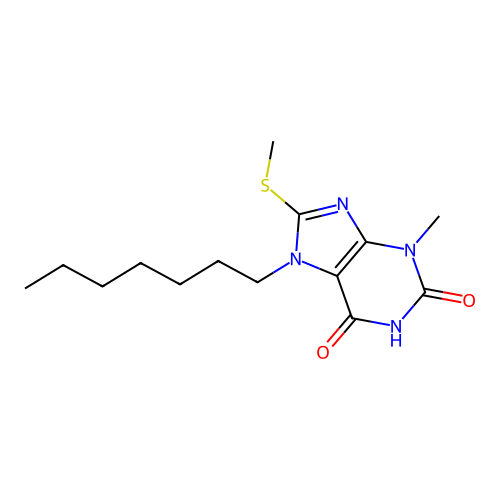 7-heptyl-3-methyl-8-(methylthio)-1H-purine-2,6(3H,7H)-dione structure