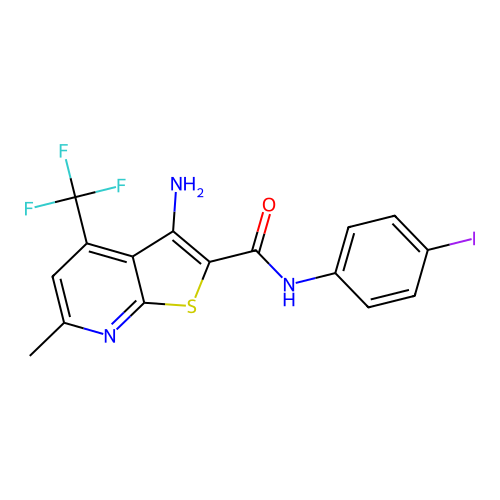 3-amino-N-(4-iodophenyl)-6-methyl-4-(trifluoromethyl)thieno[2,3-b]pyridine-2-carboxamide structure