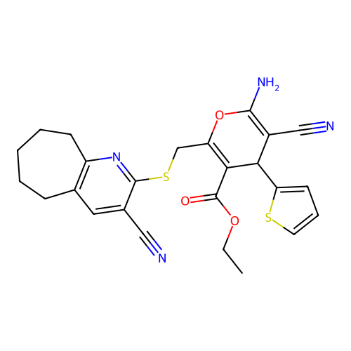 ethyl 6-amino-5-cyano-2-{[(3-cyano-6,7,8,9-tetrahydro-5H-cyclohepta[b]pyridin-2-yl)sulfanyl]methyl}-4-(2-thienyl)-4H-pyran-3-carboxylate structure