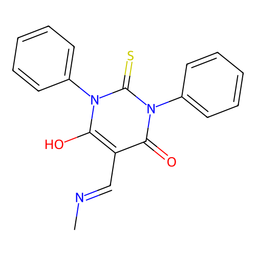 5-(methylaminomethylidene)-1,3-diphenyl-2-sulfanylidene-1,3-diazinane-4,6-dione structure