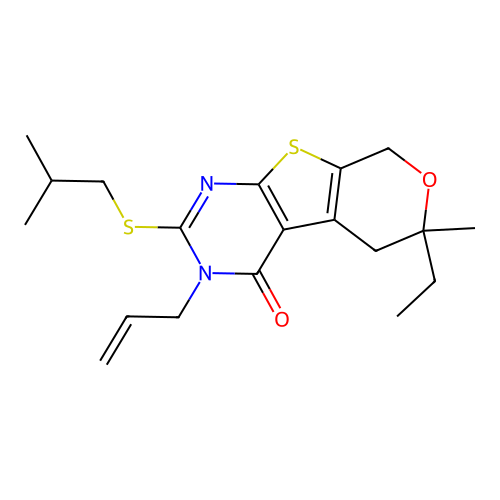 3-allyl-6-ethyl-2-(isobutylthio)-6-methyl-5,6-dihydro-3H-pyrano[4',3':4,5]thieno[2,3-d]pyrimidin-4(8H)-one structure